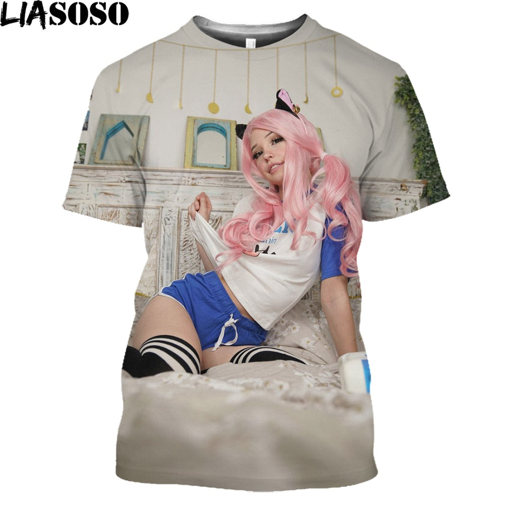 LIASOSO Belle Delphine Anime Cosplay T Shirt Daily Fashion Hentai Sexy Loli Girl Harajuku Streetwear Men Women Tee Shirt Tops