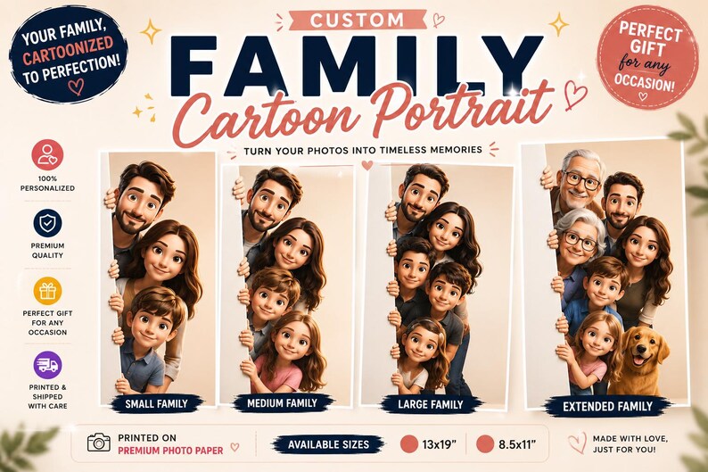 Custom Family Portrait From Photos – Personalized Cartoon Wall Art Print