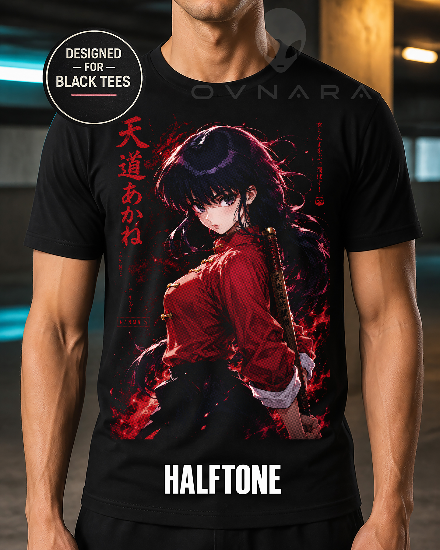 Red Samurai Anime Girl T-Shirt – Halftone or Black Knockout Tee