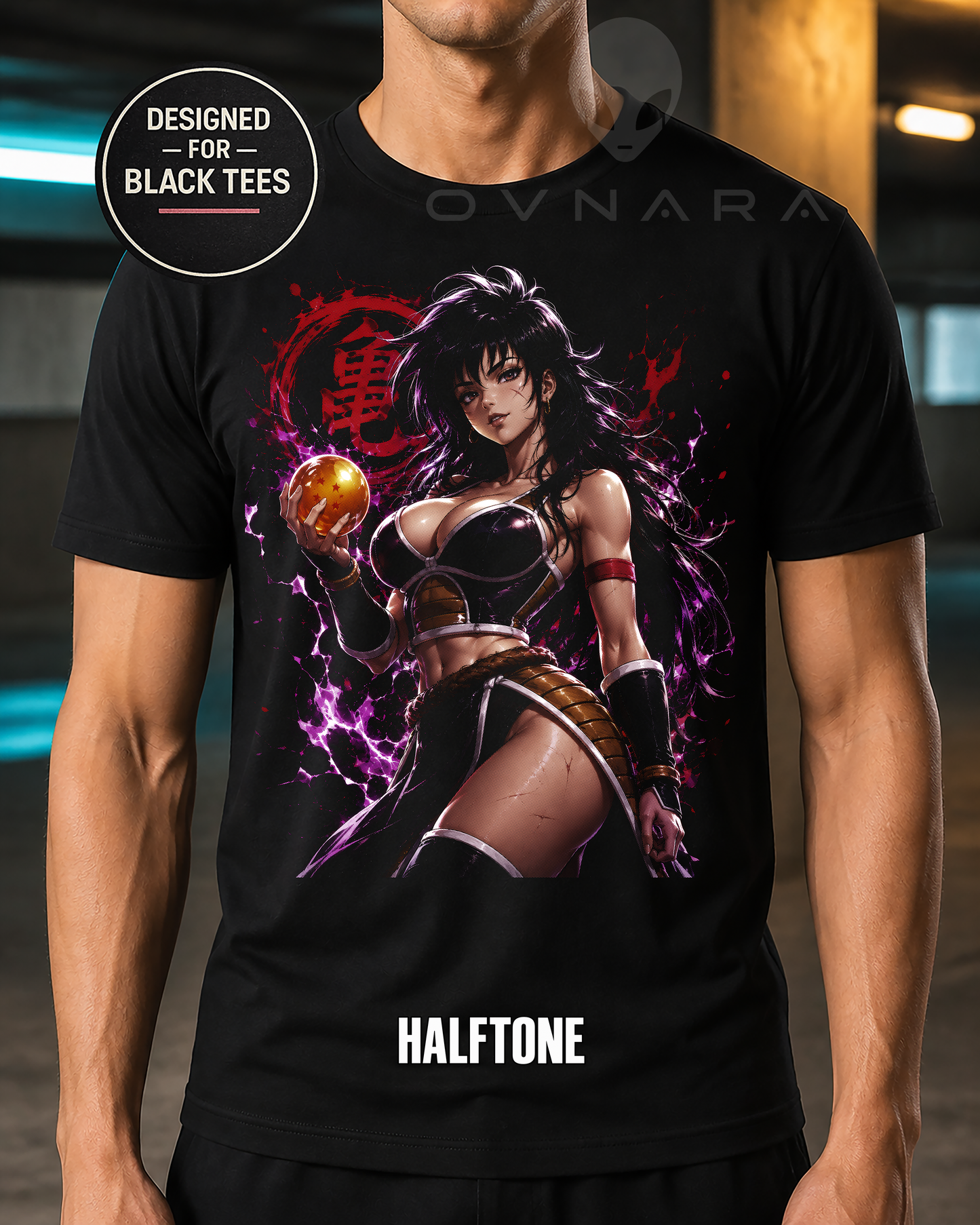 Dark-Haired Saiyan Warrior Anime T-Shirt – Halftone or Black Knockout