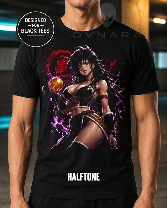 Dark-Haired Saiyan Warrior Anime T-Shirt – Halftone or Black Knockout