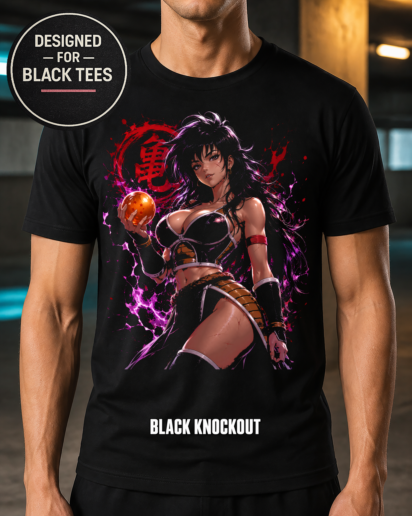Dark-Haired Saiyan Warrior Anime T-Shirt – Halftone or Black Knockout