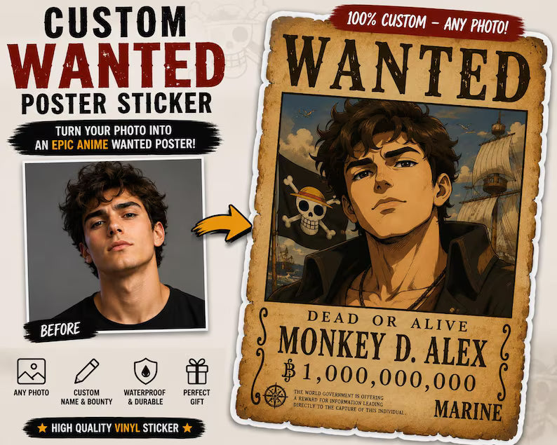 Custom Anime Pirate Wanted Sticker From Photo – Personalized Name & Reward
