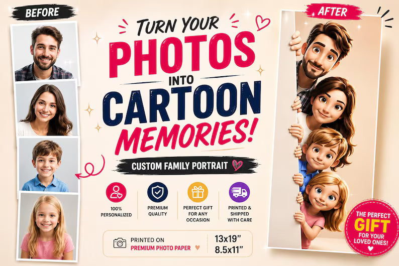 Custom Family Portrait From Photos – Personalized Cartoon Wall Art Print