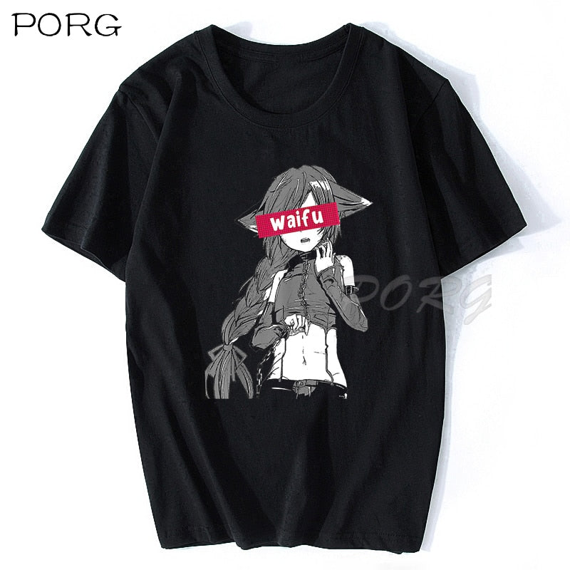 Waifu Material Shirt Otaku Lewd Hentai Cute Girl Anime T Shirt for Men StreetWear Aesthetic T Shirt Solid Color Short Sleeve 90s