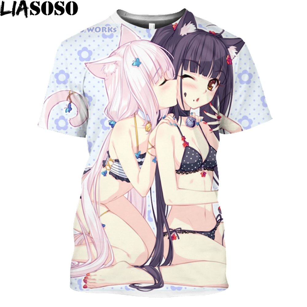 LIASOSO Nekopara OVA  Print Anime T-shirt Swimwear Chocolate Vanilla Men T Shirt Streetwear Harajuku Plus Size Tops Women 2021