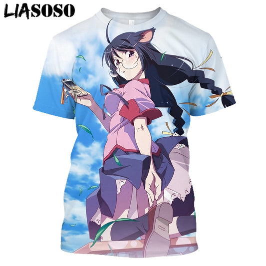 LIASOSO New Harajuku Style Tees Men Women Casual T-Shirt Cartoon Anime Character Monogatari 3D Print T Shirt Tops Brand Clothing