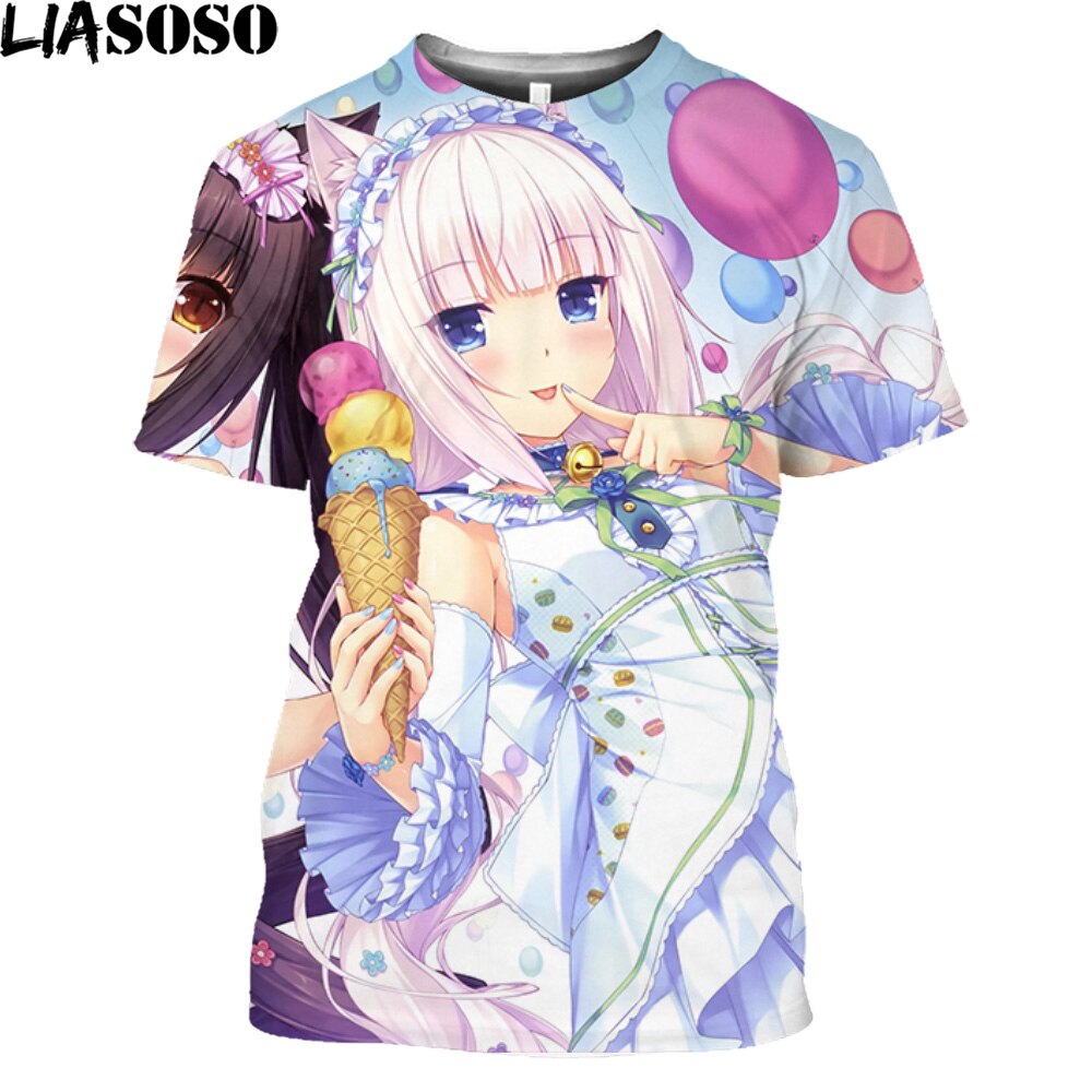 LIASOSO Print Nekopara Sexy Girls T Shirt For Men Game Manga Anime Chocolate Vanilla Neko Works Harajuku Streetwear Tee Shirt