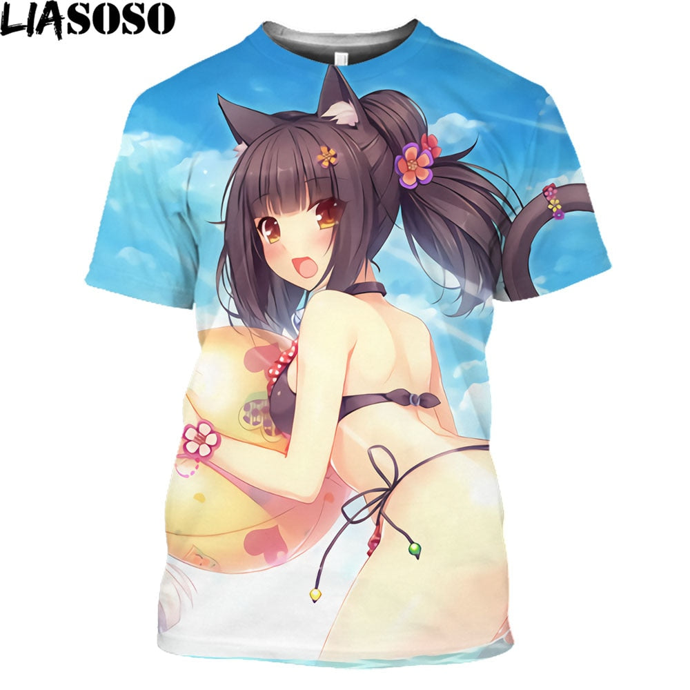 LIASOSO Nekopara OVA  Print Anime T-shirt Swimwear Chocolate Vanilla Men T Shirt Streetwear Harajuku Plus Size Tops Women 2021