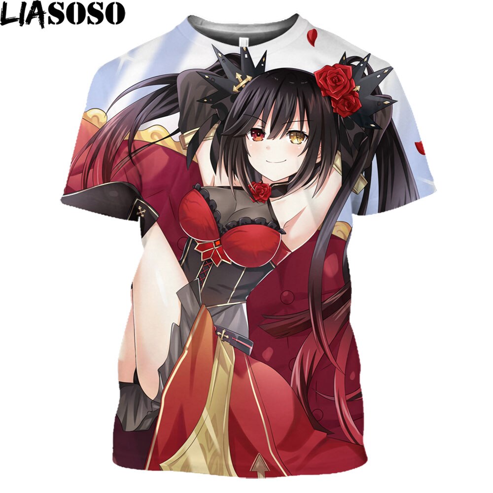 LIASOSO Date A Live Tokisaki Kurumi Sexy Girls Print Otaku Graphic T-Shirt Mangas Anime Short Sleeve Harajuku Shirt For Men