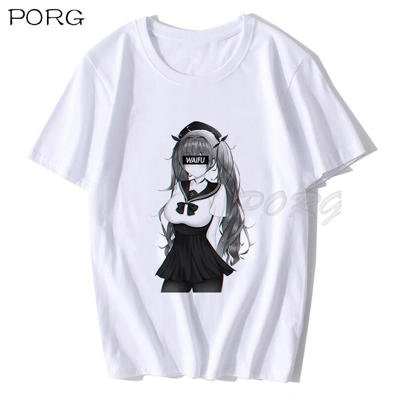 Waifu Material Shirt Otaku Lewd Hentai Cute Girl Anime T Shirt for Men StreetWear Aesthetic T Shirt Solid Color Short Sleeve 90s