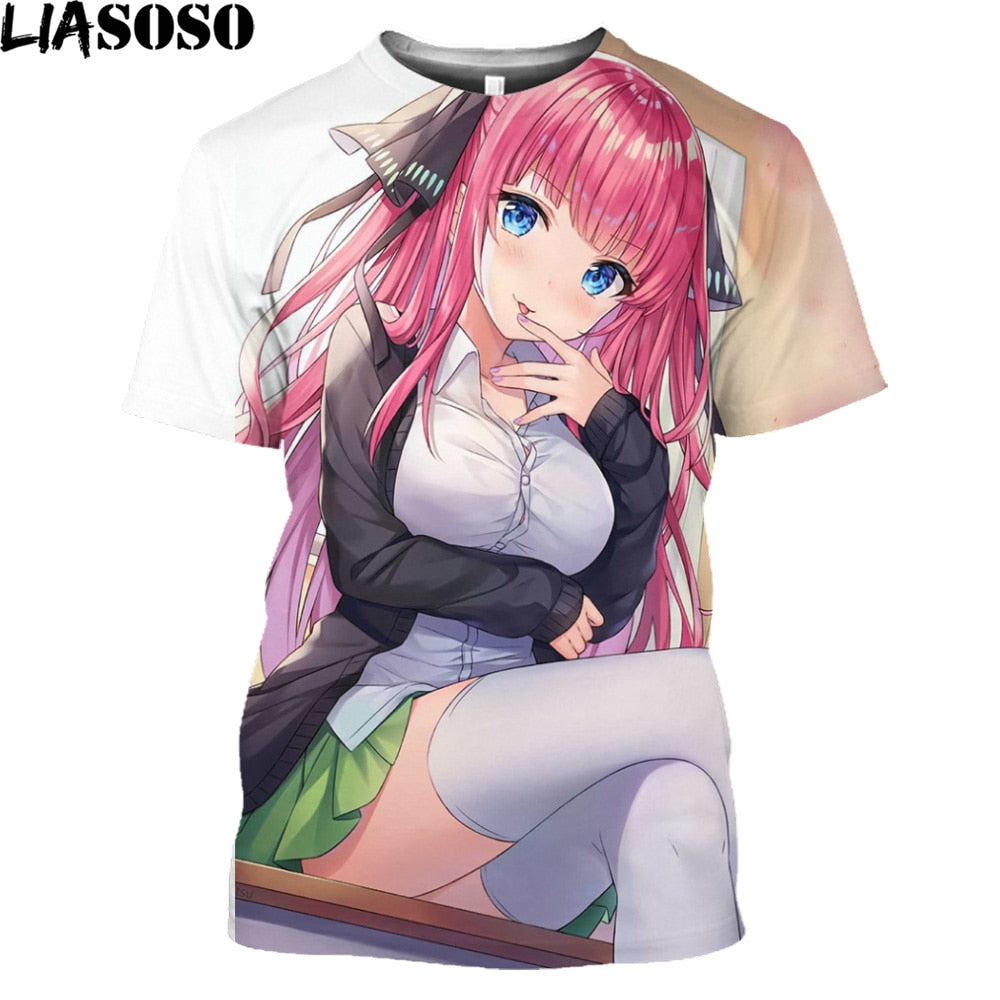 LIASOSO Anime The Quintessential Quintuplets Girl Gotoubun No Hanayome Nakano Nino Print T-Shirt Short Sleeve Harajuku Tees