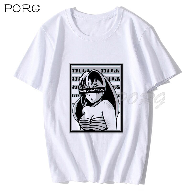 Waifu Material Shirt Otaku Lewd Hentai Cute Girl Anime T Shirt for Men StreetWear Aesthetic T Shirt Solid Color Short Sleeve 90s