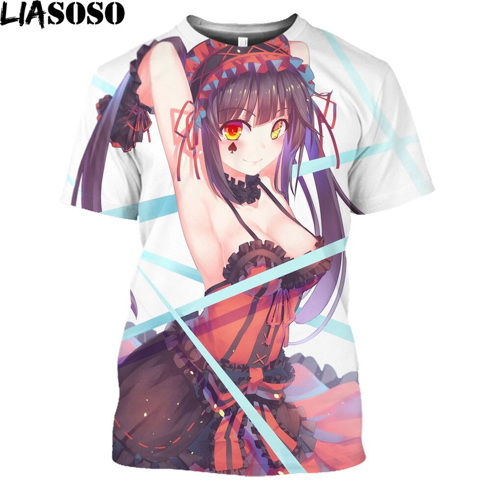 LIASOSO Date A Live Tokisaki Kurumi Sexy Girls Print Otaku Graphic T-Shirt Mangas Anime Short Sleeve Harajuku Shirt For Men