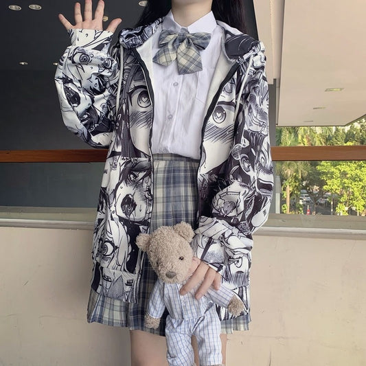 QWEEK Japanese Harajuku Anime Hoodie Hentai Zip Up 2021 Fashion Streetwear Women Kawaii Sweatshirts Korean Long sleeve Tops