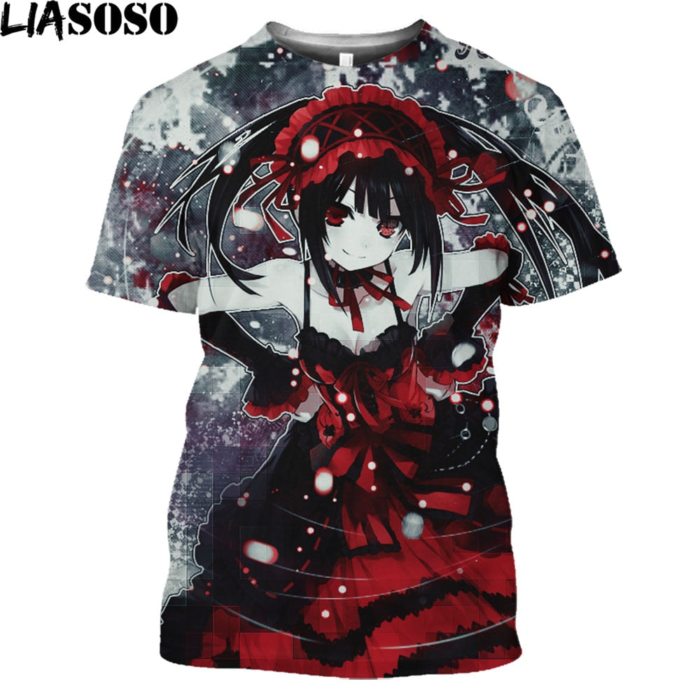 LIASOSO Date A Live Tokisaki Kurumi Sexy Girls Print Otaku Graphic T-Shirt Mangas Anime Short Sleeve Harajuku Shirt For Men