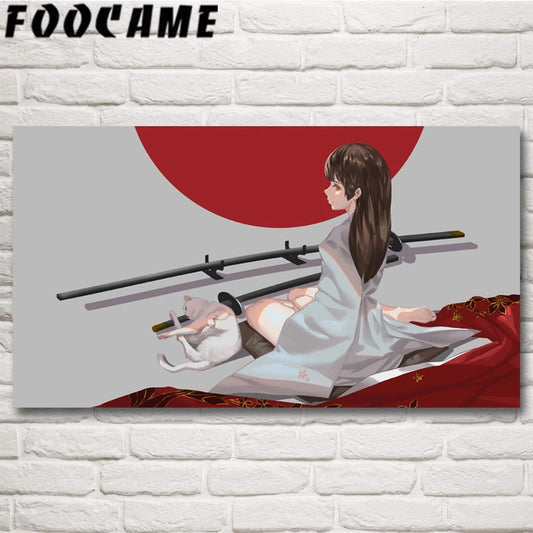 FOOCAME Katana Cat Japanese Anime Girls Art Silk Posters and Prints Painting Decoration Wall Pictures Living Room Home Decor