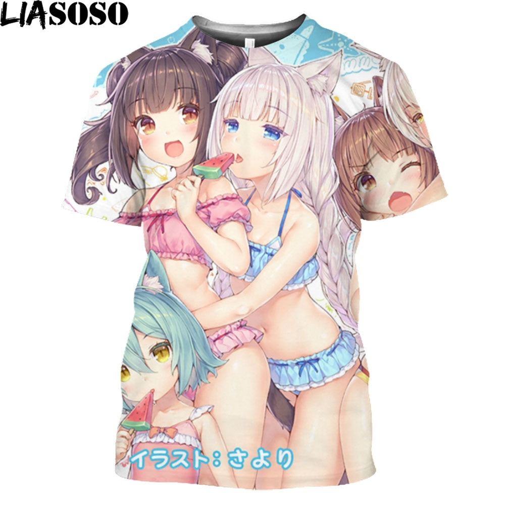 LIASOSO Nekopara OVA  Print Anime T-shirt Swimwear Chocolate Vanilla Men T Shirt Streetwear Harajuku Plus Size Tops Women 2021