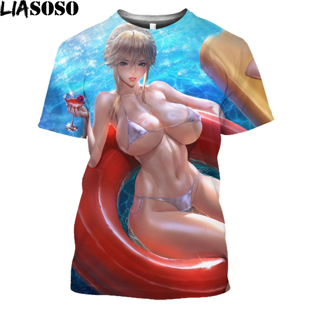 LIASOSO Girls Bikini T-shirts Women Men 3D Print Sexy Female Cartoon Figure T Shirt Japan Anime Shirt Hip Hop Harajuku Clothes