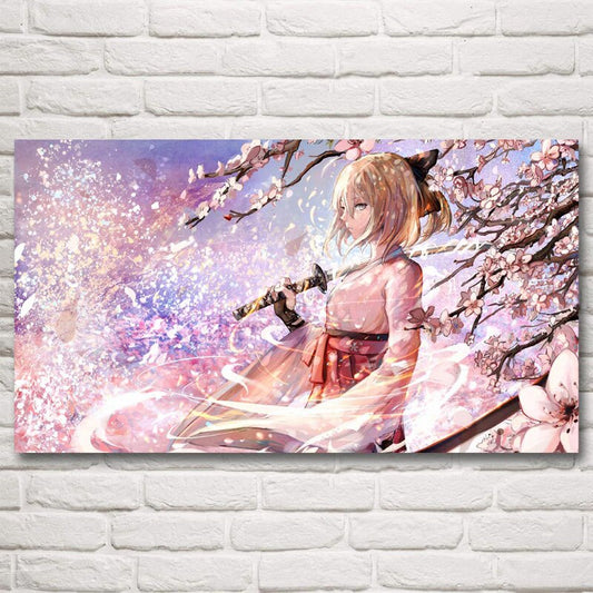 FOOCAME Katana Cat Japanese Anime Girls Art Silk Posters and Prints Painting Decoration Wall Pictures Living Room Home Decor