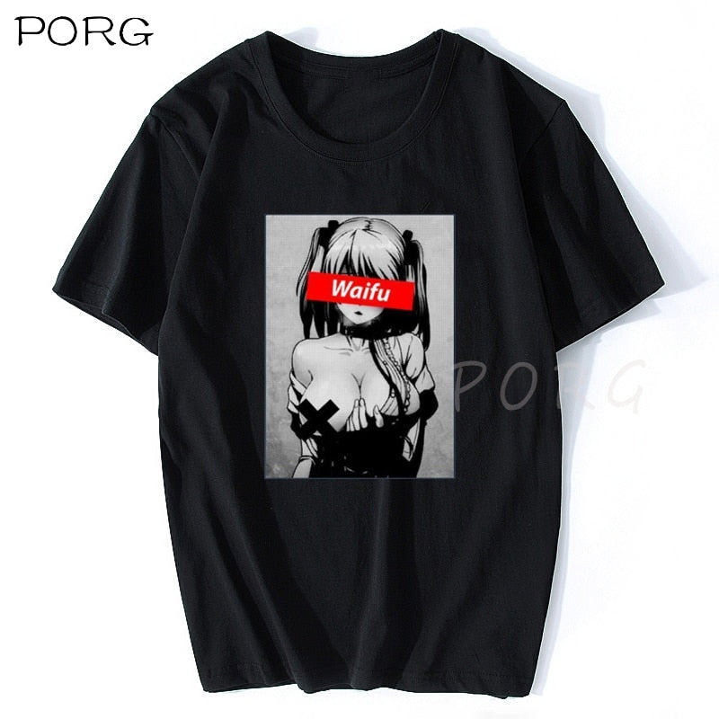 Waifu Material Shirt Otaku Lewd Hentai Cute Girl Anime T Shirt for Men StreetWear Aesthetic T Shirt Solid Color Short Sleeve 90s