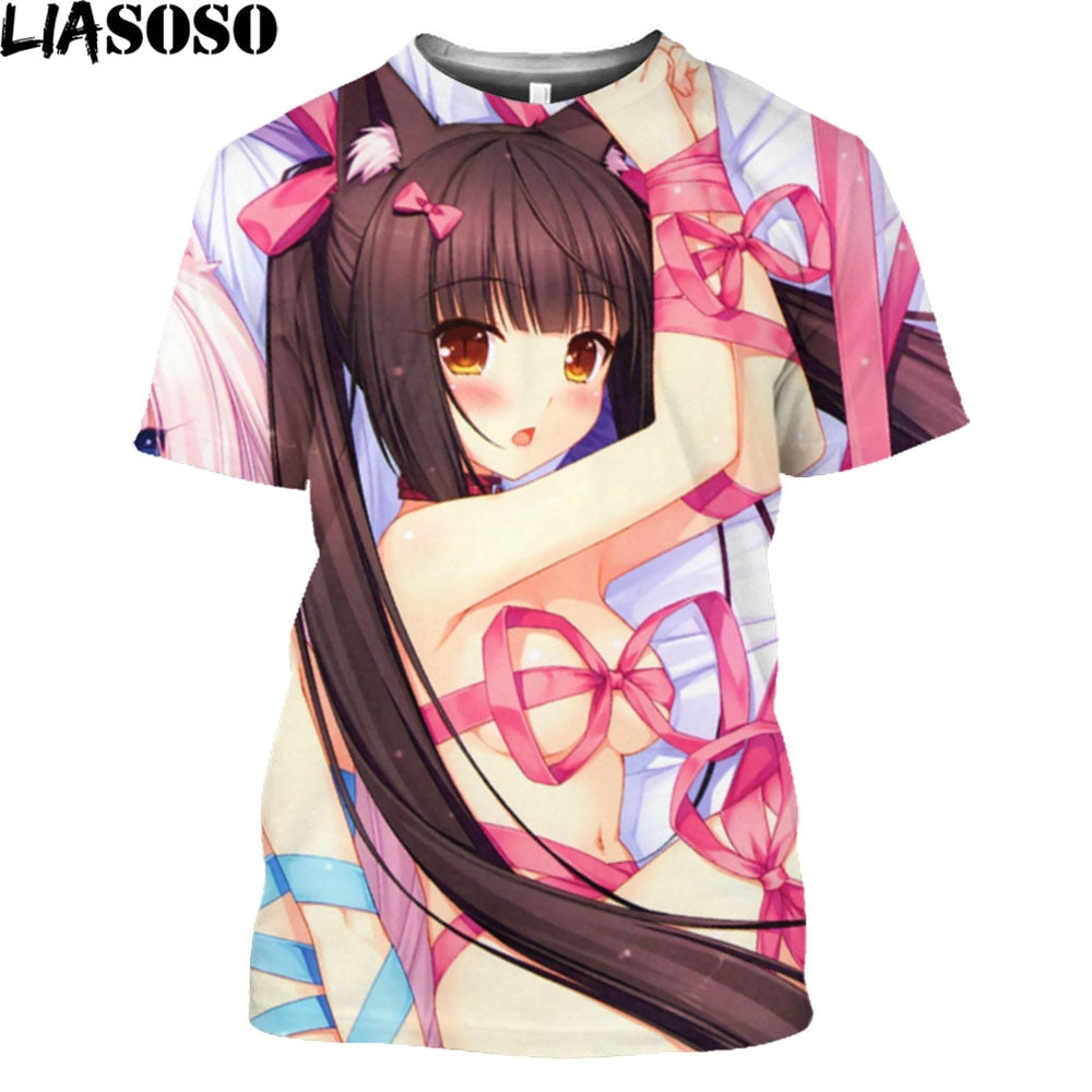 LIASOSO Nekopara Print Men T Shirt Anime Clothes Game Manga Anime Chocolate Neko Works Branded Men's T-Shirt For Men Harajuku