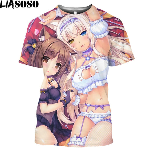 LIASOSO Nekopara OVA  Print Anime T-shirt Swimwear Chocolate Vanilla Men T Shirt Streetwear Harajuku Plus Size Tops Women 2021