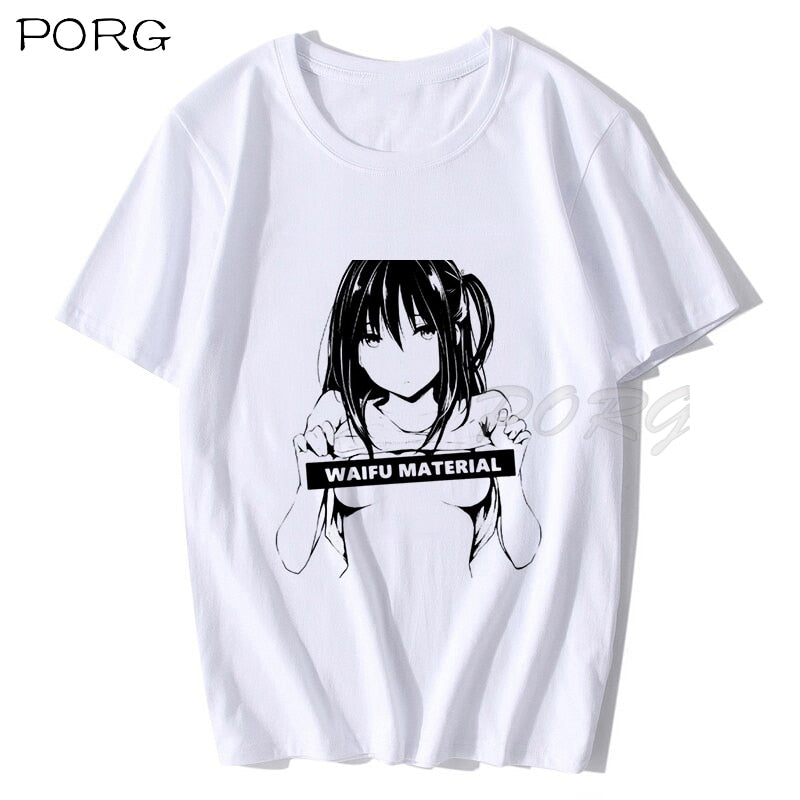 Waifu Material Shirt Otaku Lewd Hentai Cute Girl Anime T Shirt for Men StreetWear Aesthetic T Shirt Solid Color Short Sleeve 90s