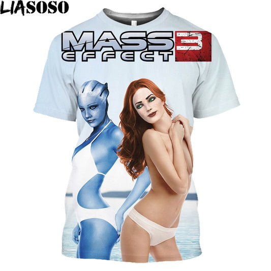 LIASOSO Mass Effect N7 Splatter T-Shirt Men Garrus Commander Casual Short Sleeve Harajuku Shirt Tops Game Streetwear Women Tees
