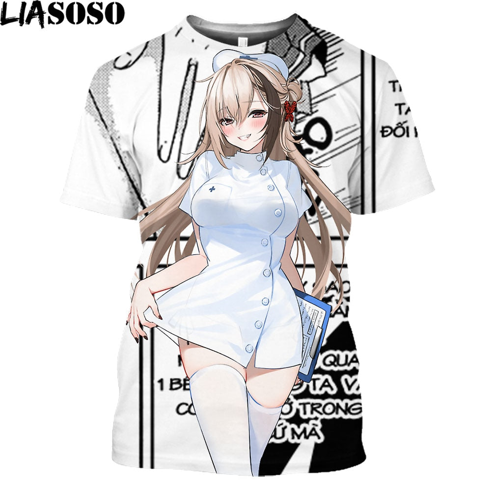 LIAOSOS Anime Sexy Nurse Doctor Hot Sexy Body Loli Print Shirt 3D Hentai Men Women T-shirt Funny Otaku Clothing Maid Outfit