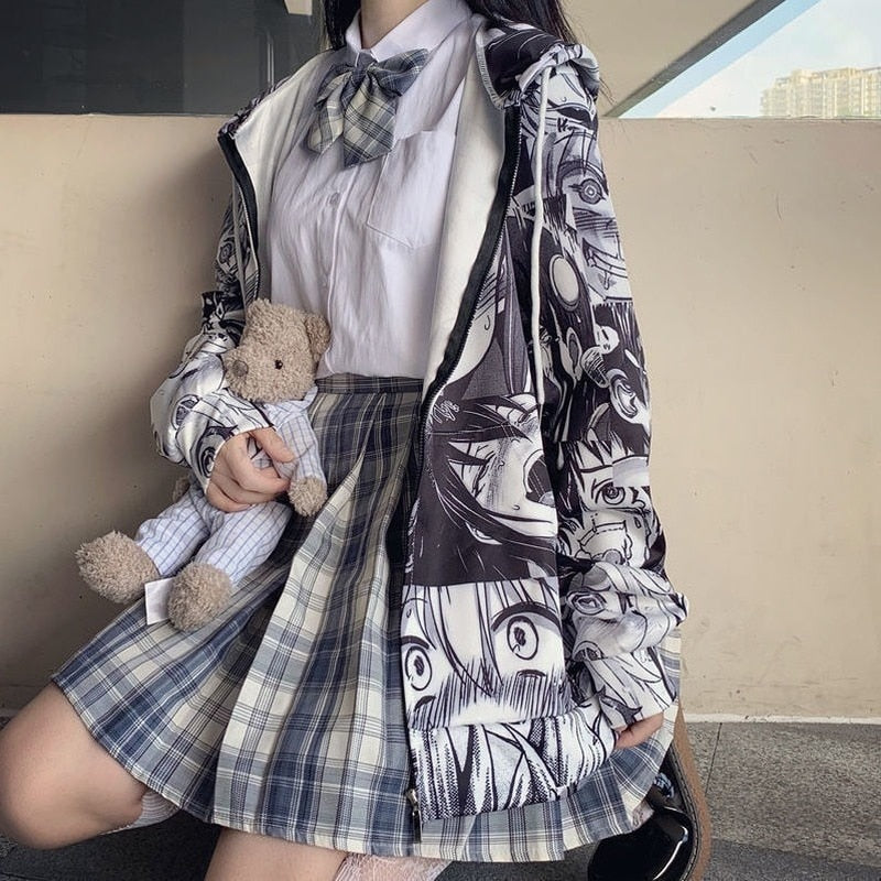 QWEEK Japanese Harajuku Anime Hoodie Hentai Zip Up 2021 Fashion Streetwear Women Kawaii Sweatshirts Korean Long sleeve Tops