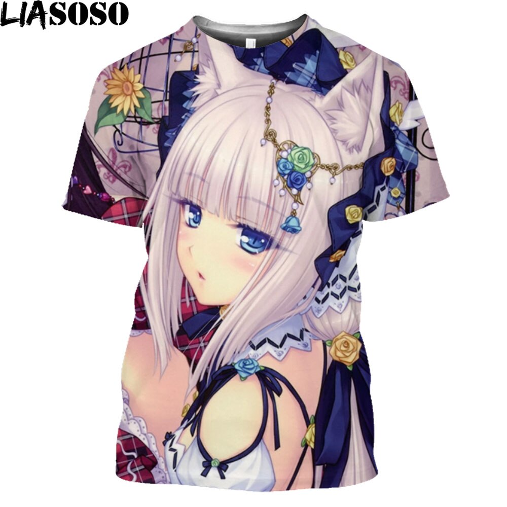 LIASOSO Print Nekopara Sexy Girls T Shirt For Men Game Manga Anime Chocolate Vanilla Neko Works Harajuku Streetwear Tee Shirt