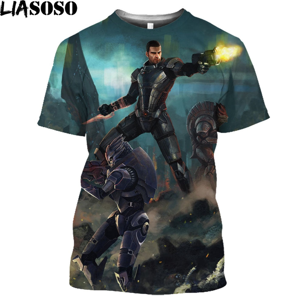 LIASOSO Mass Effect N7 Splatter T-Shirt Men Garrus Commander Casual Short Sleeve Harajuku Shirt Tops Game Streetwear Women Tees