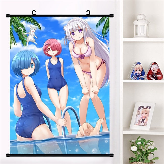 Anime Re:zero kara hajimeru isekai seikatsu Rem Ram Emilia Satella Girl Wall Scroll Mural Poster Wall Hanging Poster Home Decor