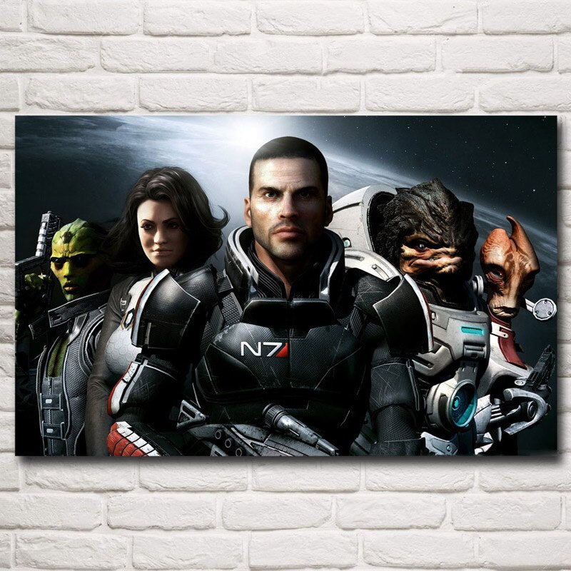 Mass Effect Helmet Spaceship Clouds Game Poster Pictures Living Room Wall Art Silk Painting Modern Home Decoration Print Bedroom