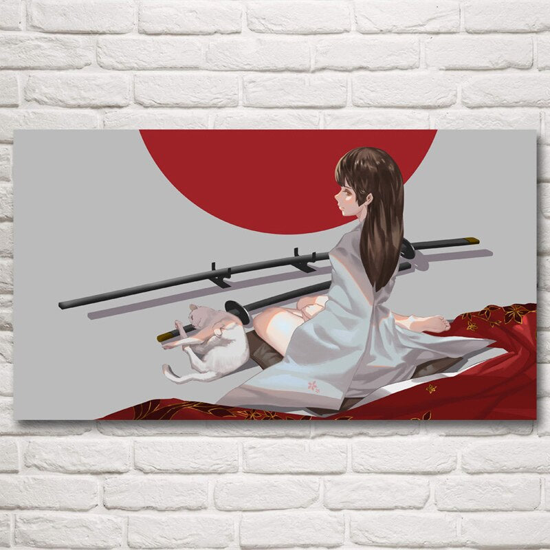 FOOCAME Katana Cat Japanese Anime Girls Art Silk Posters and Prints Painting Decoration Wall Pictures Living Room Home Decor