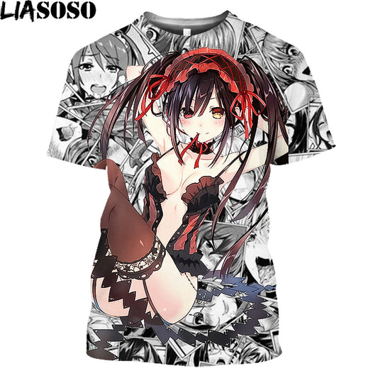 LIASOSO Date A Live Tokisaki Kurumi Sexy Girls Print Otaku Graphic T-Shirt Mangas Anime Short Sleeve Harajuku Shirt For Men