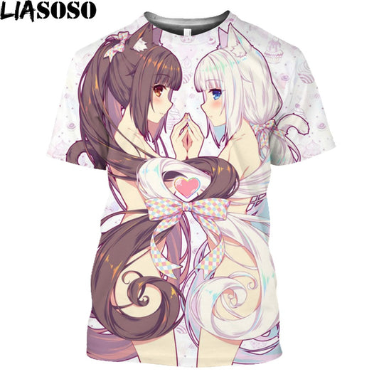 LIASOSO Print Nekopara Sexy Girls T Shirt For Men Game Manga Anime Chocolate Vanilla Neko Works Harajuku Streetwear Tee Shirt