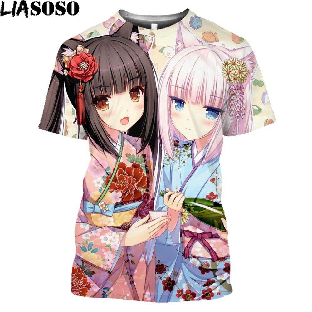 LIASOSO Nekopara OVA  Print Anime T-shirt Swimwear Chocolate Vanilla Men T Shirt Streetwear Harajuku Plus Size Tops Women 2021