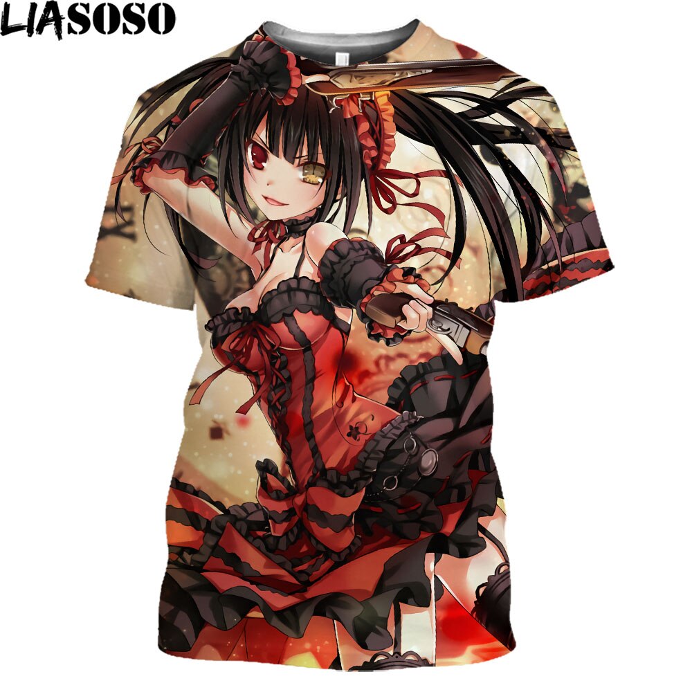 LIASOSO Date A Live Tokisaki Kurumi Sexy Girls Print Otaku Graphic T-Shirt Mangas Anime Short Sleeve Harajuku Shirt For Men