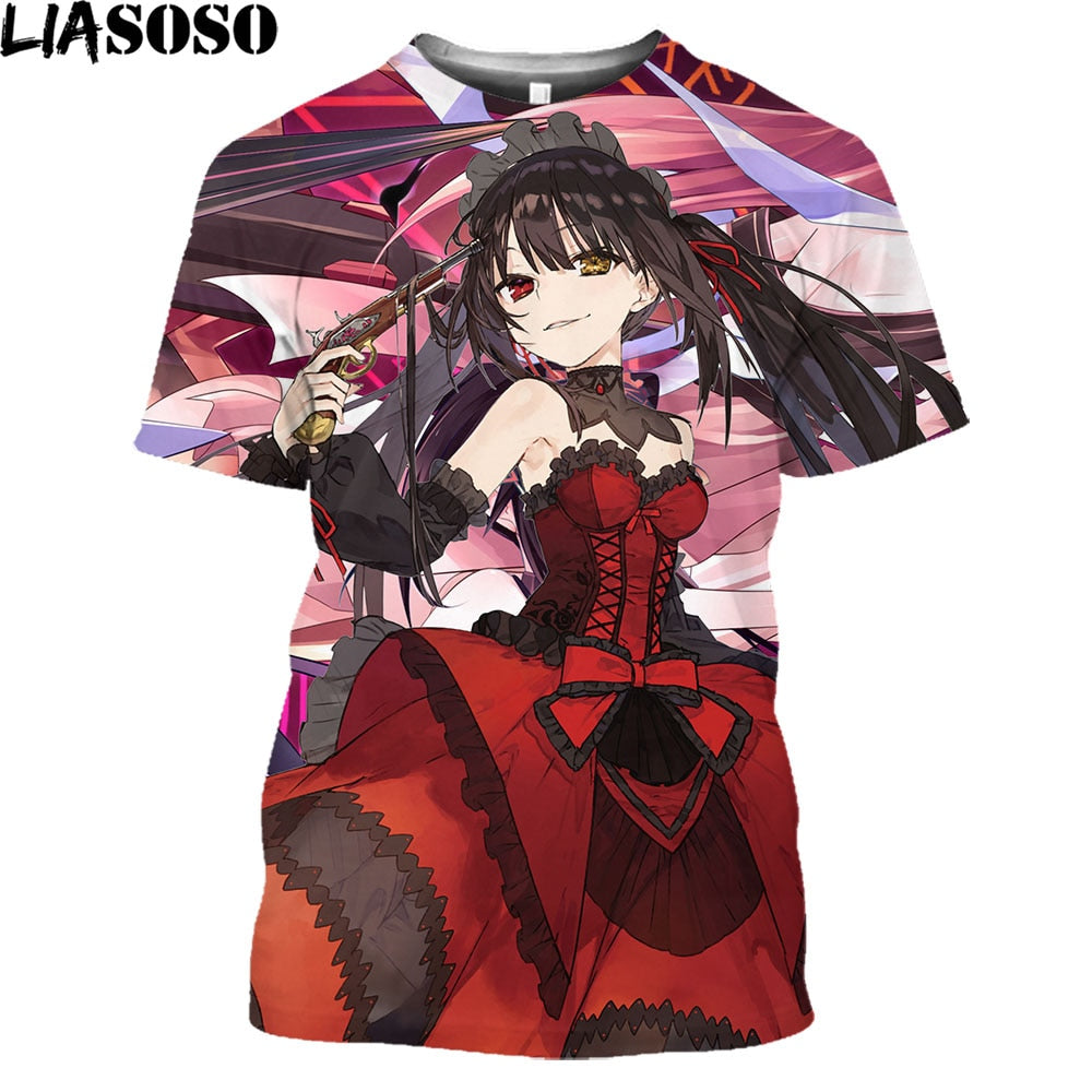 LIASOSO Date A Live Tokisaki Kurumi Sexy Girls Print Otaku Graphic T-Shirt Mangas Anime Short Sleeve Harajuku Shirt For Men