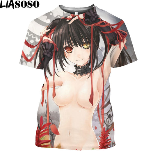 LIASOSO Date A Live Tokisaki Kurumi Sexy Girls Print Otaku Graphic T-Shirt Mangas Anime Short Sleeve Harajuku Shirt For Men