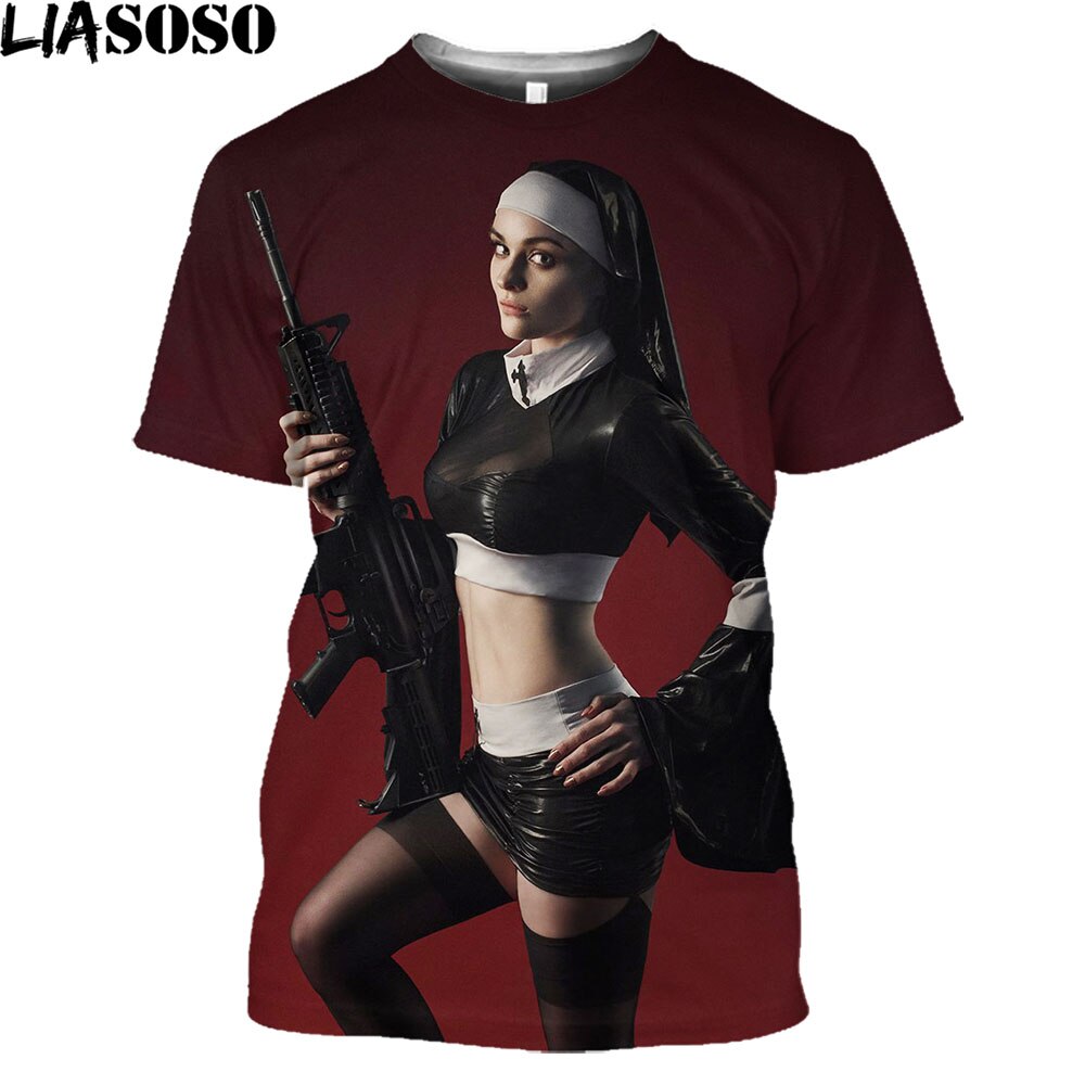 T Shirt Hot Sexy Nun Nonne Religieuse Pin Up Church of Satan Anton Lavey Satanic Occult Goth Gothic Tees Hentai Girls Tops