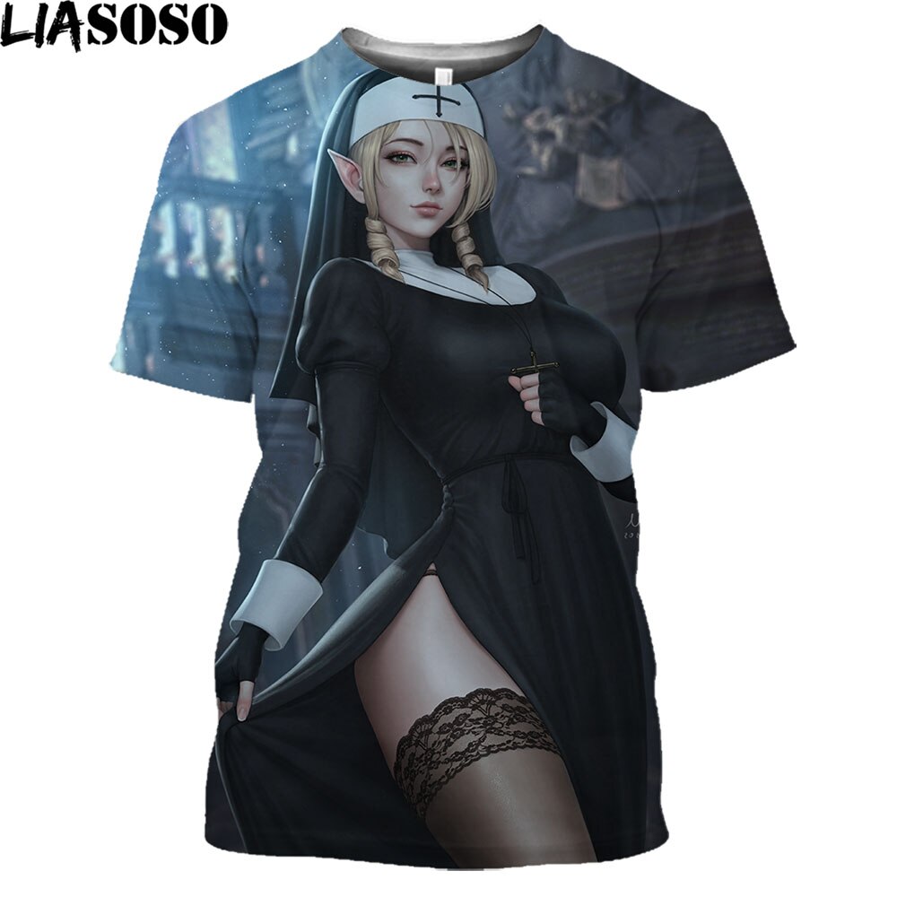 Sexy Nun 3D Printed T Shirt Men Women Lewd Hentai Girls Religion Anime Harajuku Shirt Otaku Alternative Clothing Funny Daily Top