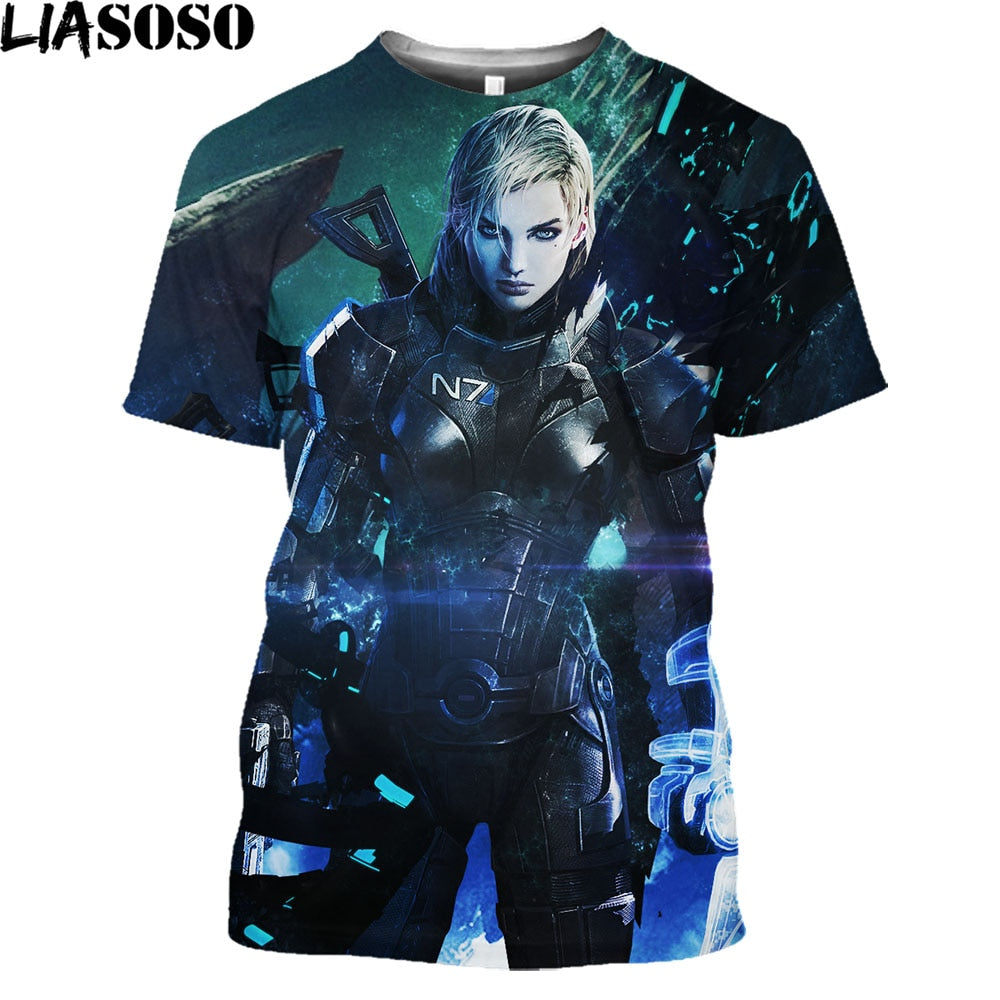 LIASOSO Mass Effect N7 Splatter T-Shirt Men Garrus Commander Casual Short Sleeve Harajuku Shirt Tops Game Streetwear Women Tees