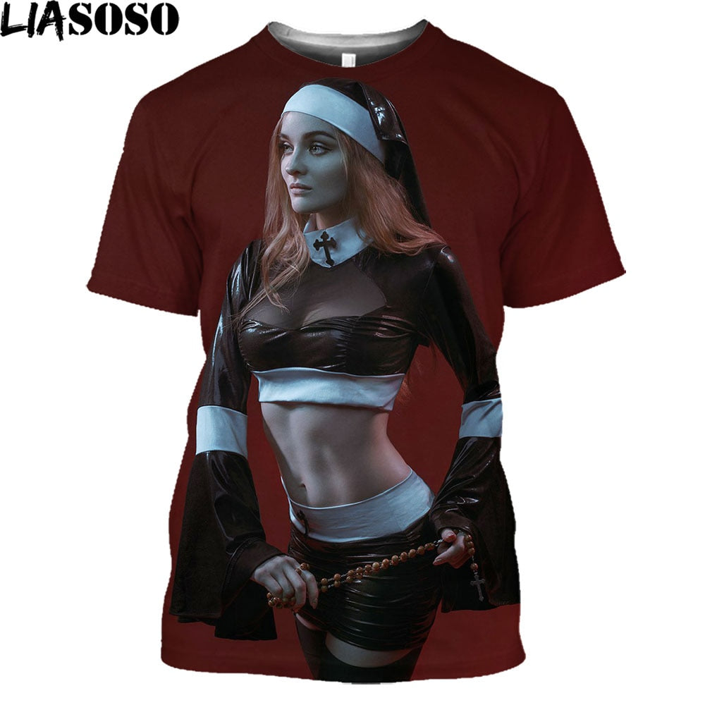 T Shirt Hot Sexy Nun Nonne Religieuse Pin Up Church of Satan Anton Lavey Satanic Occult Goth Gothic Tees Hentai Girls Tops