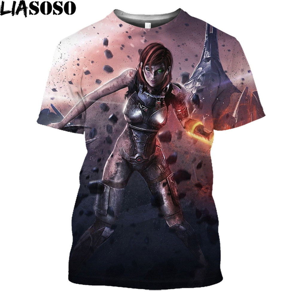 LIASOSO Mass Effect N7 Splatter T-Shirt Men Garrus Commander Casual Short Sleeve Harajuku Shirt Tops Game Streetwear Women Tees