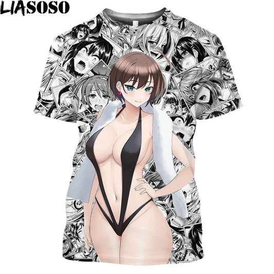 LIASOSO Anime Sexy Buttocks Swimsuit Hot Body Loli Print Shirt 3D Summer Men Women TShirt Hentai Otaku Clothing Maid Outfit