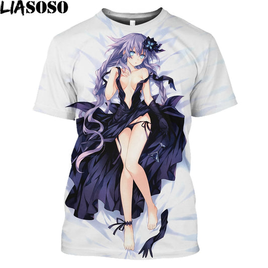 LIASOSO Hyperdimension Neptunia 3D Print Anime Harajuku O-neck T-Shirts Men Street Wear Oversized Hentai Sexy Loli Punk Tops