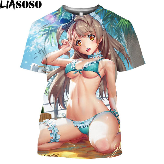 LIASOSO Girls Bikini T-shirts Women Men 3D Print Sexy Female Cartoon Figure T Shirt Hentai Anime Shirt Beach Harajuku Clothes